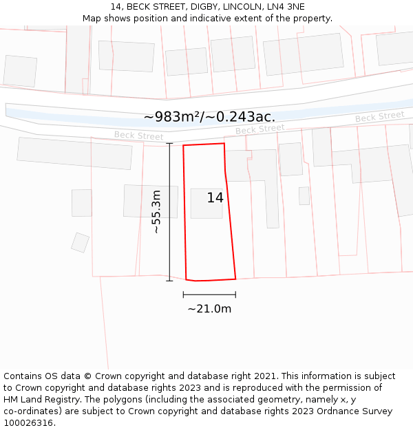 14, BECK STREET, DIGBY, LINCOLN, LN4 3NE: Plot and title map