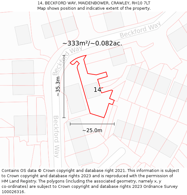 14, BECKFORD WAY, MAIDENBOWER, CRAWLEY, RH10 7LT: Plot and title map