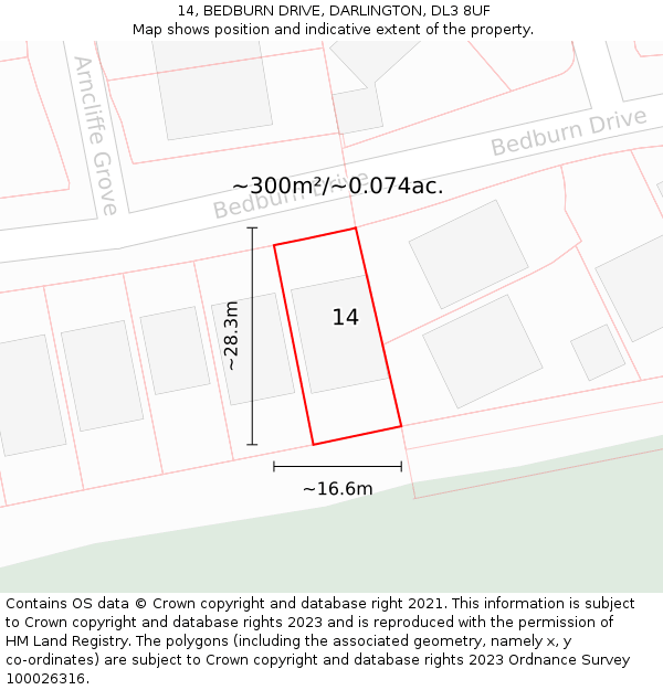 14, BEDBURN DRIVE, DARLINGTON, DL3 8UF: Plot and title map
