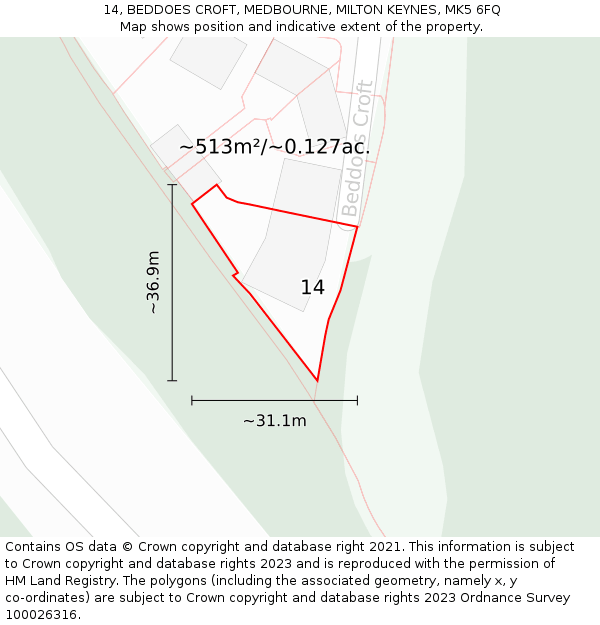 14, BEDDOES CROFT, MEDBOURNE, MILTON KEYNES, MK5 6FQ: Plot and title map