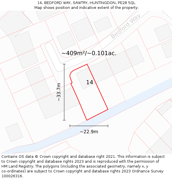 14, BEDFORD WAY, SAWTRY, HUNTINGDON, PE28 5QL: Plot and title map