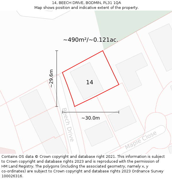 14, BEECH DRIVE, BODMIN, PL31 1QA: Plot and title map