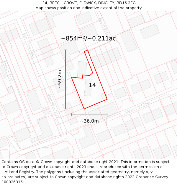 14, BEECH GROVE, ELDWICK, BINGLEY, BD16 3EG: Plot and title map