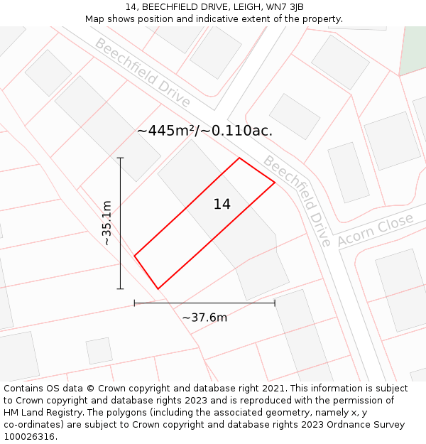 14, BEECHFIELD DRIVE, LEIGH, WN7 3JB: Plot and title map