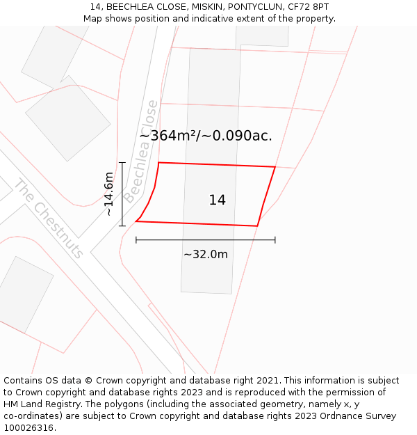 14, BEECHLEA CLOSE, MISKIN, PONTYCLUN, CF72 8PT: Plot and title map