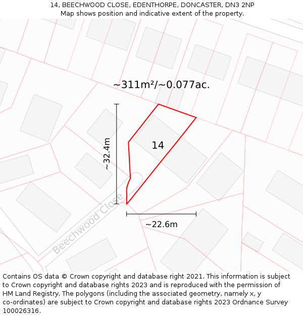 14, BEECHWOOD CLOSE, EDENTHORPE, DONCASTER, DN3 2NP: Plot and title map
