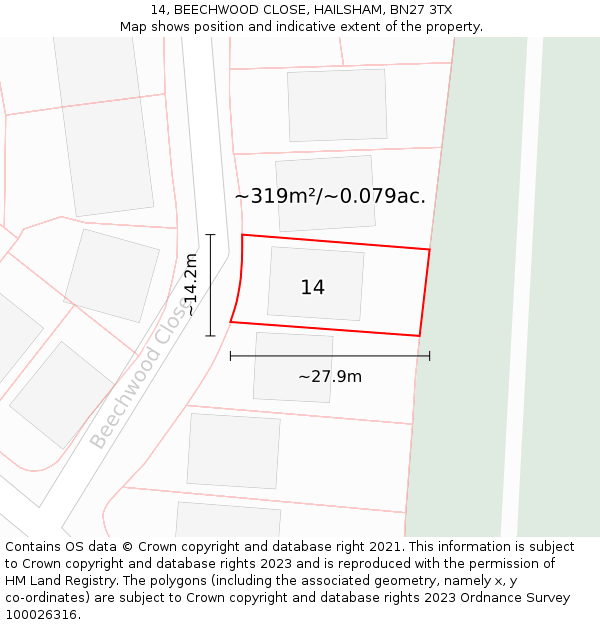14, BEECHWOOD CLOSE, HAILSHAM, BN27 3TX: Plot and title map