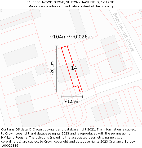 14, BEECHWOOD GROVE, SUTTON-IN-ASHFIELD, NG17 3FU: Plot and title map
