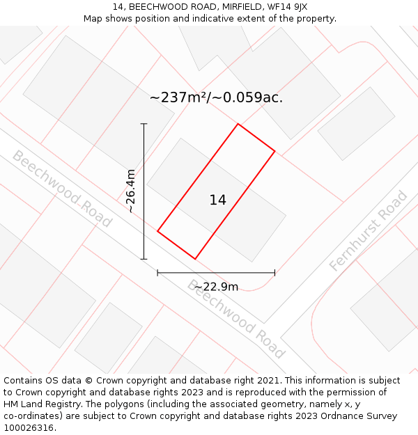 14, BEECHWOOD ROAD, MIRFIELD, WF14 9JX: Plot and title map