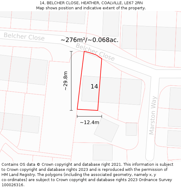 14, BELCHER CLOSE, HEATHER, COALVILLE, LE67 2RN: Plot and title map