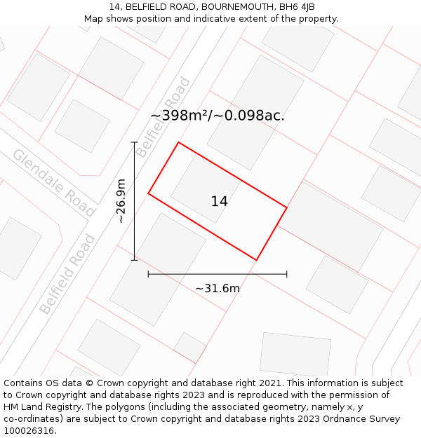 14, BELFIELD ROAD, BOURNEMOUTH, BH6 4JB: Plot and title map