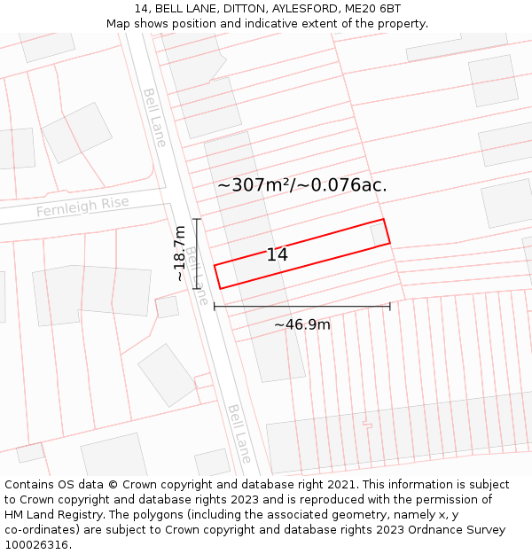14, BELL LANE, DITTON, AYLESFORD, ME20 6BT: Plot and title map