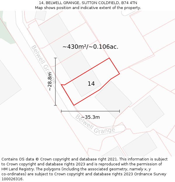 14, BELWELL GRANGE, SUTTON COLDFIELD, B74 4TN: Plot and title map