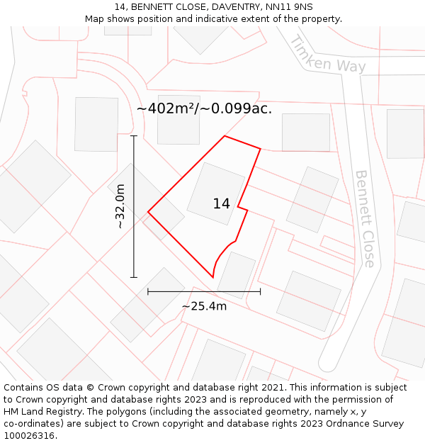 14, BENNETT CLOSE, DAVENTRY, NN11 9NS: Plot and title map