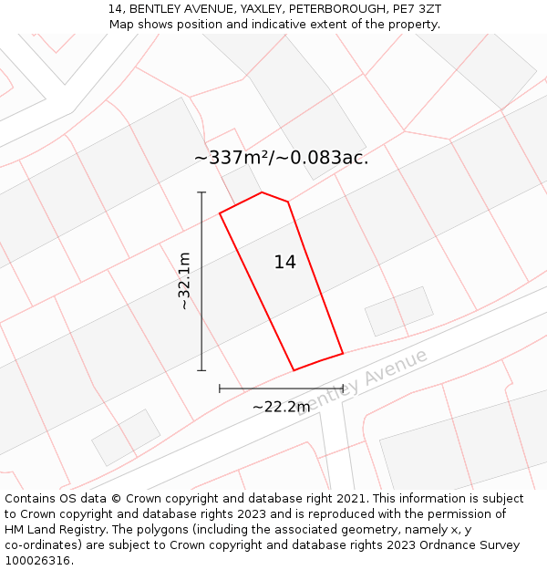 14, BENTLEY AVENUE, YAXLEY, PETERBOROUGH, PE7 3ZT: Plot and title map