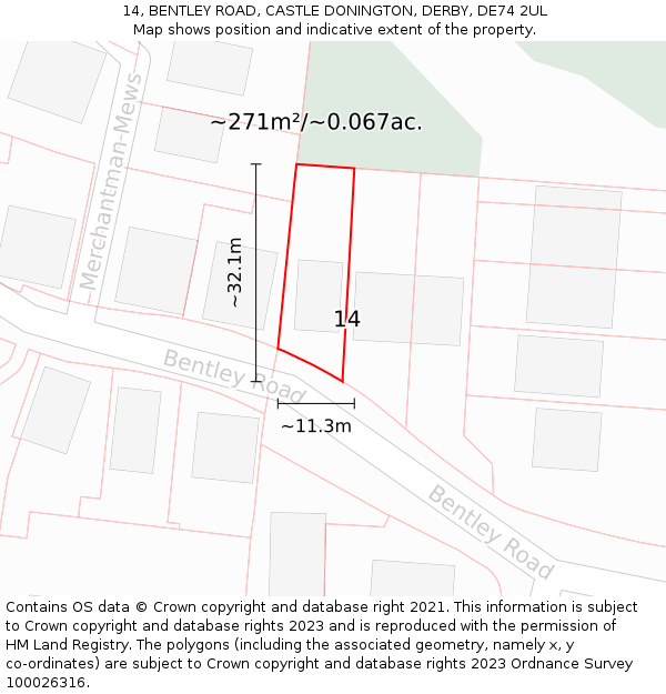 14, BENTLEY ROAD, CASTLE DONINGTON, DERBY, DE74 2UL: Plot and title map