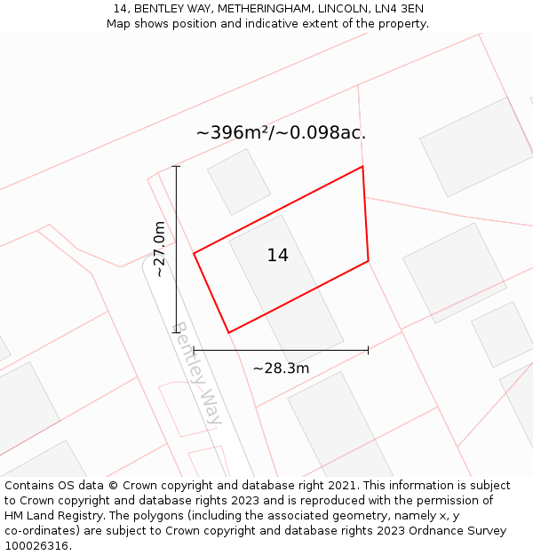 14, BENTLEY WAY, METHERINGHAM, LINCOLN, LN4 3EN: Plot and title map