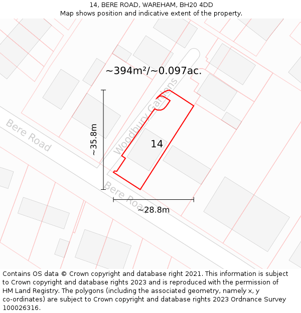 14, BERE ROAD, WAREHAM, BH20 4DD: Plot and title map