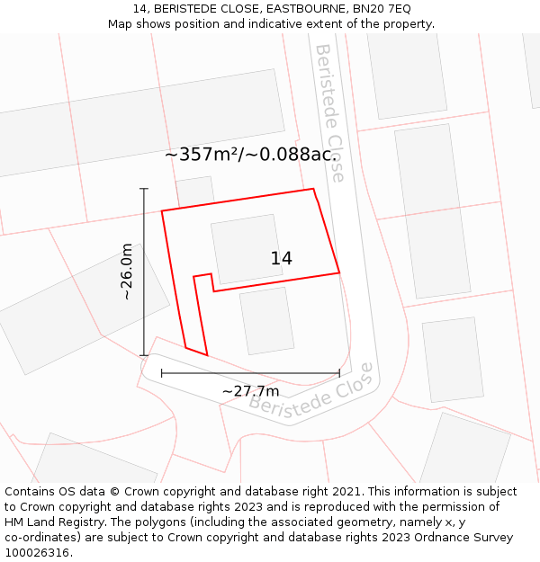 14, BERISTEDE CLOSE, EASTBOURNE, BN20 7EQ: Plot and title map