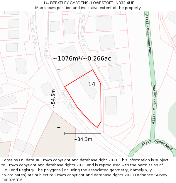 14, BERKELEY GARDENS, LOWESTOFT, NR32 4UF: Plot and title map