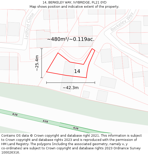 14, BERKELEY WAY, IVYBRIDGE, PL21 0YD: Plot and title map