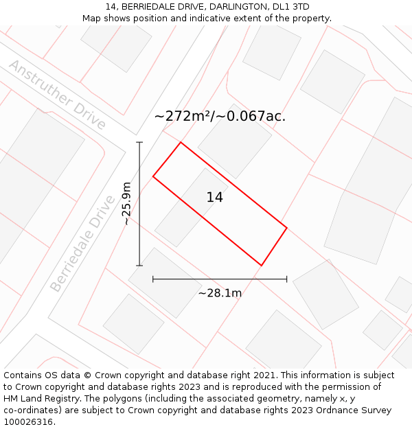 14, BERRIEDALE DRIVE, DARLINGTON, DL1 3TD: Plot and title map