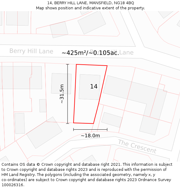 14, BERRY HILL LANE, MANSFIELD, NG18 4BQ: Plot and title map