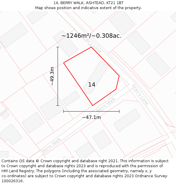 14, BERRY WALK, ASHTEAD, KT21 1BT: Plot and title map