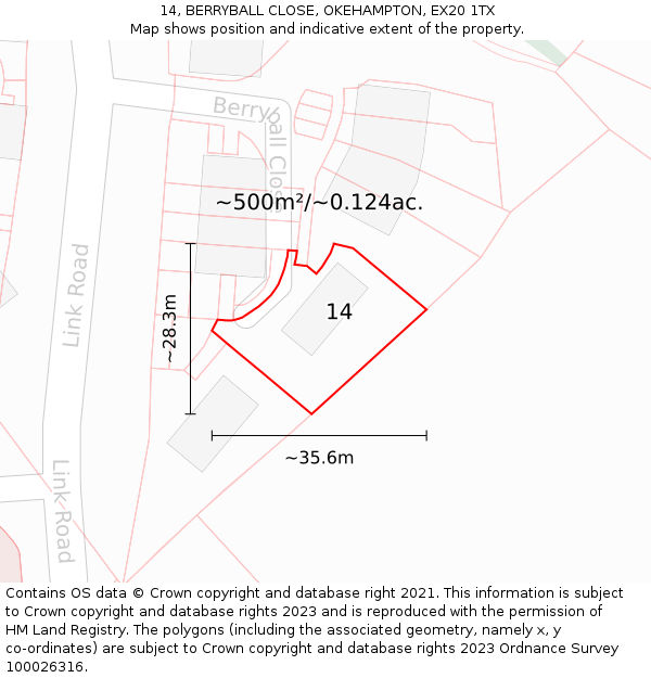 14, BERRYBALL CLOSE, OKEHAMPTON, EX20 1TX: Plot and title map