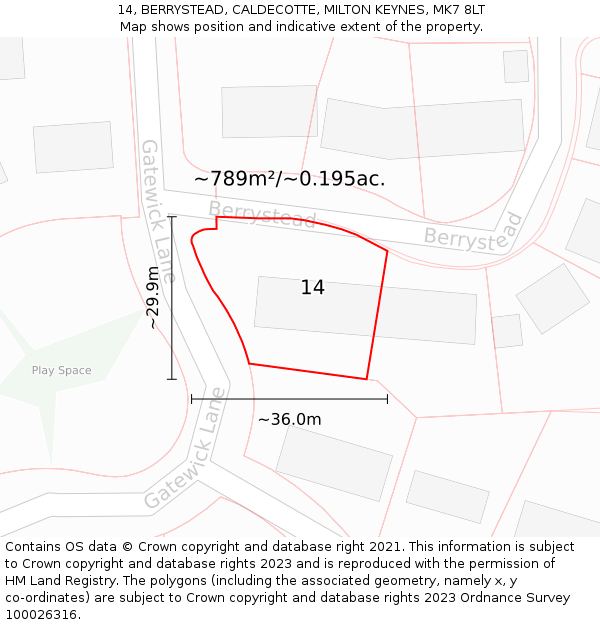 14, BERRYSTEAD, CALDECOTTE, MILTON KEYNES, MK7 8LT: Plot and title map
