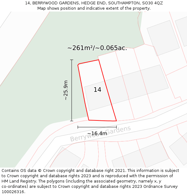 14, BERRYWOOD GARDENS, HEDGE END, SOUTHAMPTON, SO30 4QZ: Plot and title map
