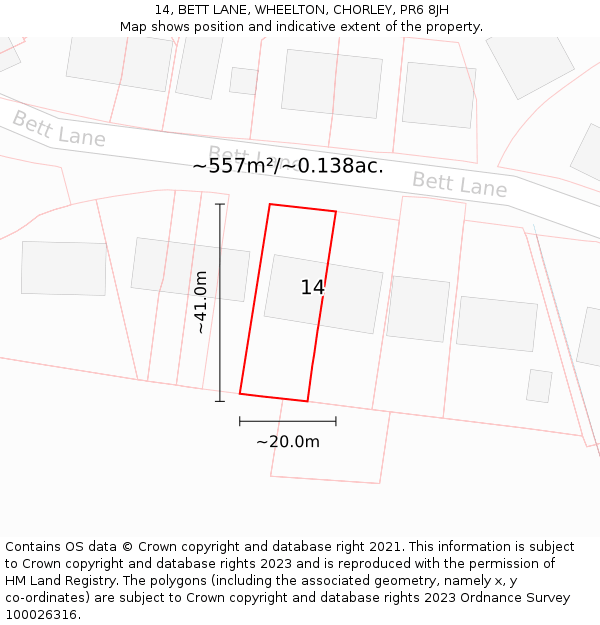 14, BETT LANE, WHEELTON, CHORLEY, PR6 8JH: Plot and title map