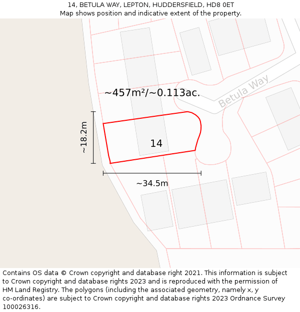 14, BETULA WAY, LEPTON, HUDDERSFIELD, HD8 0ET: Plot and title map