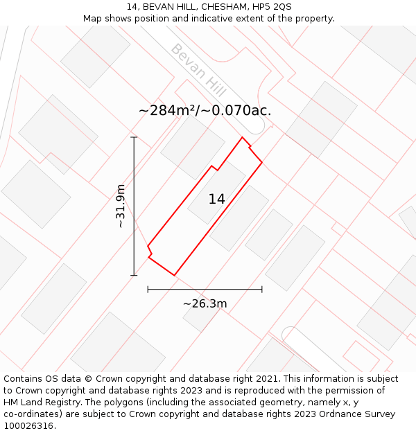 14, BEVAN HILL, CHESHAM, HP5 2QS: Plot and title map
