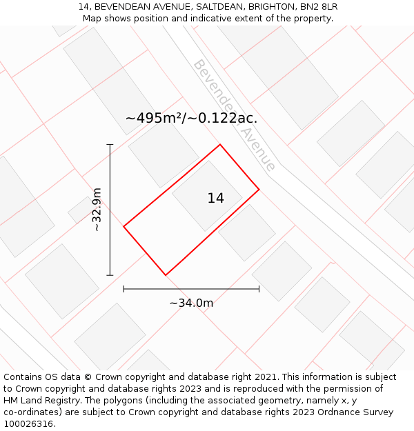 14, BEVENDEAN AVENUE, SALTDEAN, BRIGHTON, BN2 8LR: Plot and title map