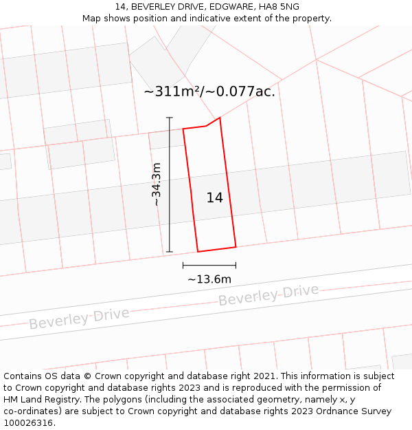 14, BEVERLEY DRIVE, EDGWARE, HA8 5NG: Plot and title map