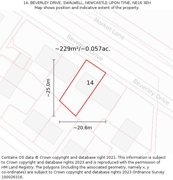 14, BEVERLEY DRIVE, SWALWELL, NEWCASTLE UPON TYNE, NE16 3EH: Plot and title map