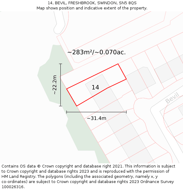 14, BEVIL, FRESHBROOK, SWINDON, SN5 8QS: Plot and title map