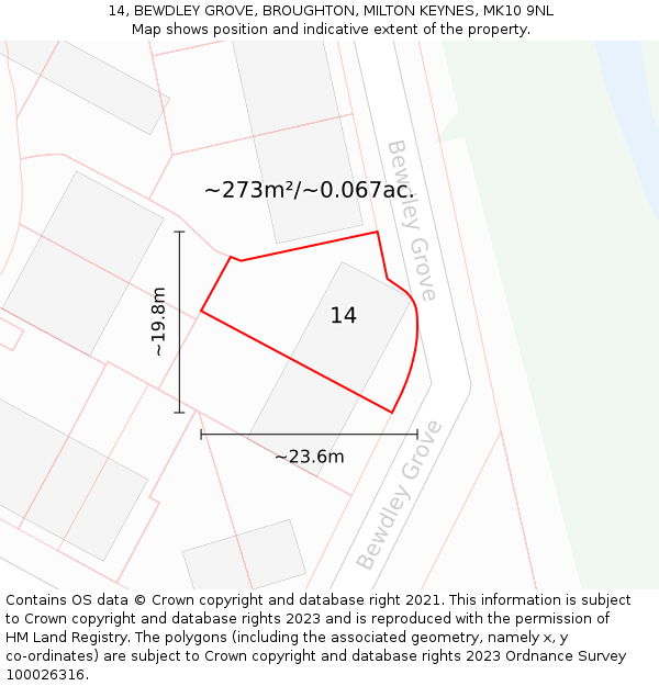 14, BEWDLEY GROVE, BROUGHTON, MILTON KEYNES, MK10 9NL: Plot and title map