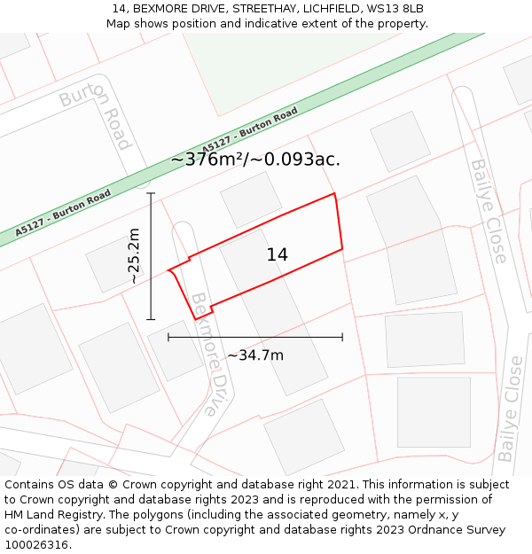 14, BEXMORE DRIVE, STREETHAY, LICHFIELD, WS13 8LB: Plot and title map