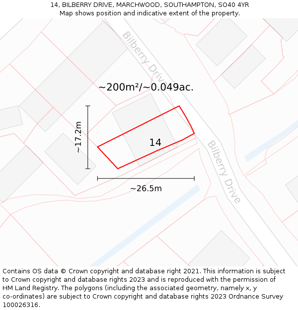 14, BILBERRY DRIVE, MARCHWOOD, SOUTHAMPTON, SO40 4YR: Plot and title map