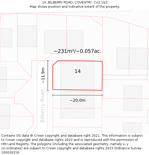 14, BILBERRY ROAD, COVENTRY, CV2 1SZ: Plot and title map