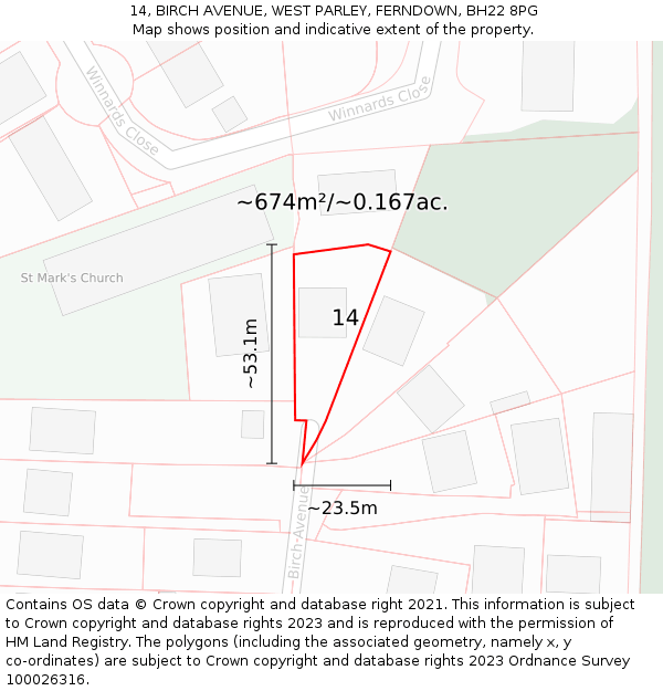 14, BIRCH AVENUE, WEST PARLEY, FERNDOWN, BH22 8PG: Plot and title map