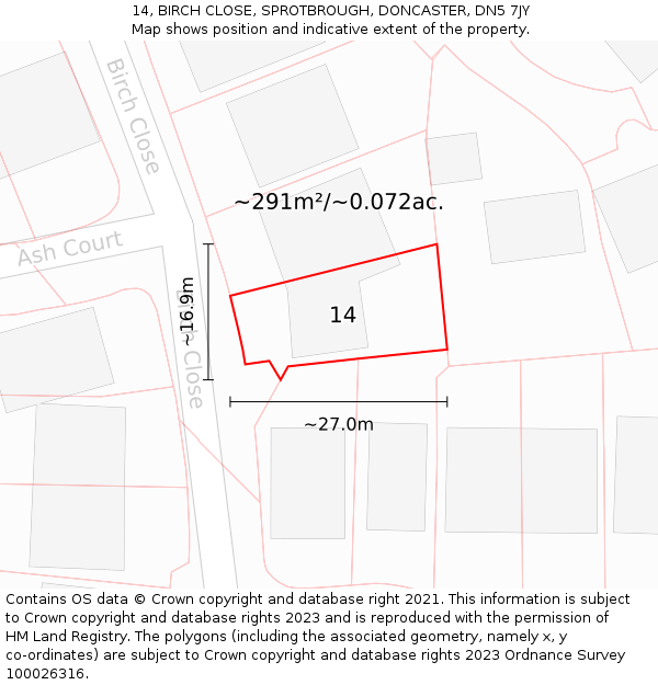 14, BIRCH CLOSE, SPROTBROUGH, DONCASTER, DN5 7JY: Plot and title map