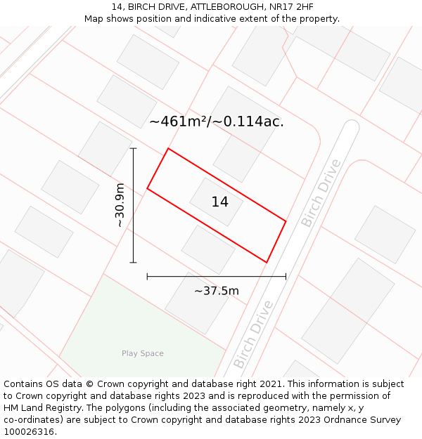 14, BIRCH DRIVE, ATTLEBOROUGH, NR17 2HF: Plot and title map