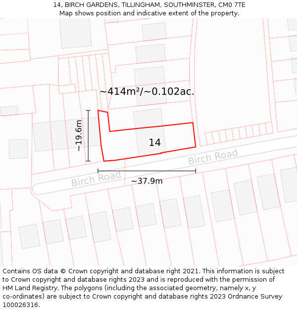 14, BIRCH GARDENS, TILLINGHAM, SOUTHMINSTER, CM0 7TE: Plot and title map