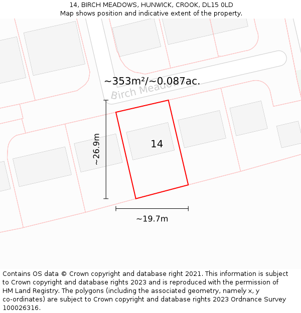 14, BIRCH MEADOWS, HUNWICK, CROOK, DL15 0LD: Plot and title map