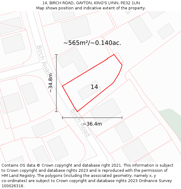 14, BIRCH ROAD, GAYTON, KING'S LYNN, PE32 1UN: Plot and title map