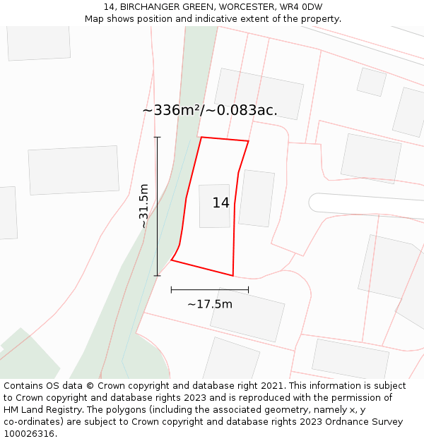 14, BIRCHANGER GREEN, WORCESTER, WR4 0DW: Plot and title map