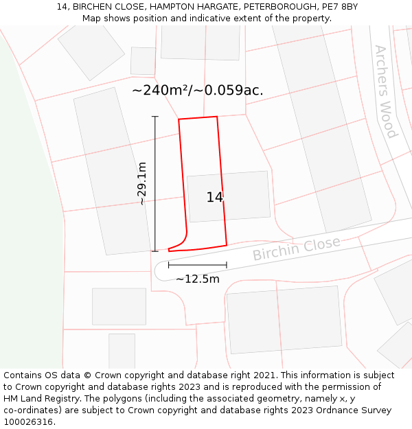 14, BIRCHEN CLOSE, HAMPTON HARGATE, PETERBOROUGH, PE7 8BY: Plot and title map